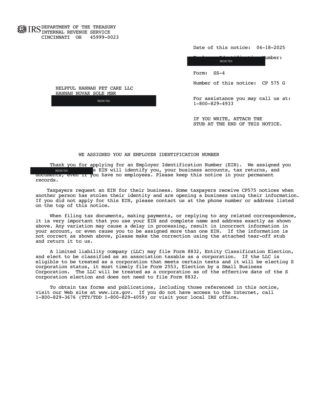IRS EIN assignment letter
