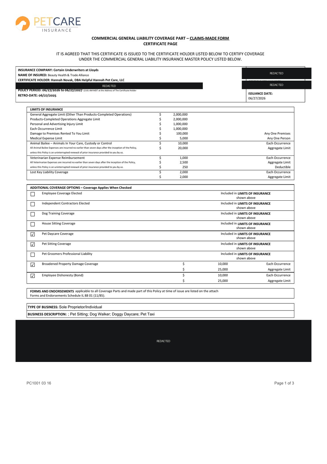 Certificate of insurance