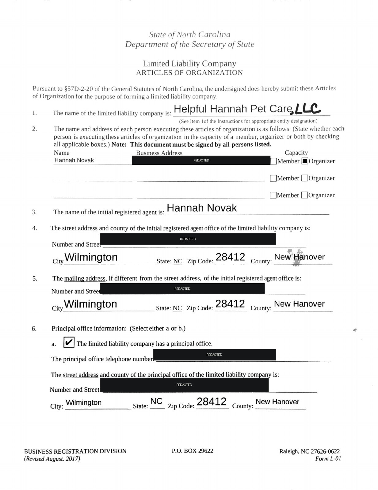 Articles of Organization (NC Secretary of State)